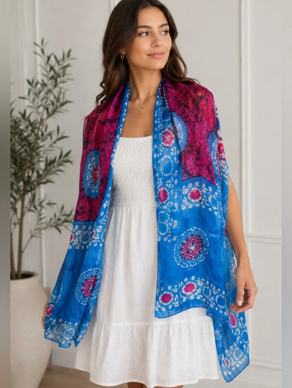 100% Pure Silk Batik Scarf Wrap – Made in India Blue Pink Boho